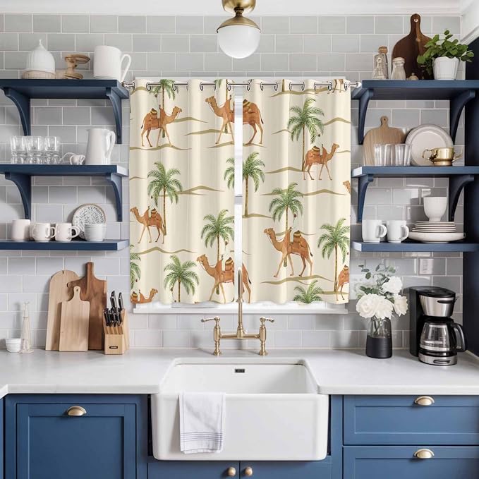 2 Panel Kitchen Cafe Curtains, Date Coconut Tree Sunlight Filtering Nature Air - Image 2