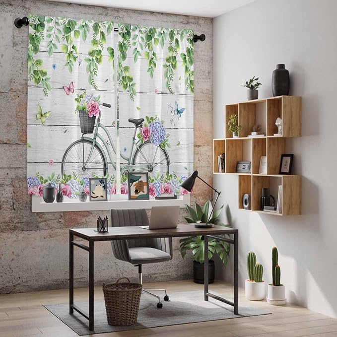 Spring Kitchen Curtains, Bicycles Botanical Rose Leaves Butterfly Wood Grain - Image 6