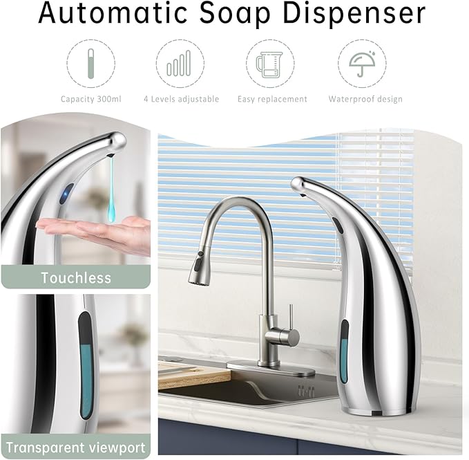 Automatic Liquid Soap Dispenser,2 Pack 300ML Touchless 4 Gear Adjustable,Countertop Electric Battery Operated Hand Soap Dispenser with Sensor for Bathroom,Kitchen,Office（Silver）