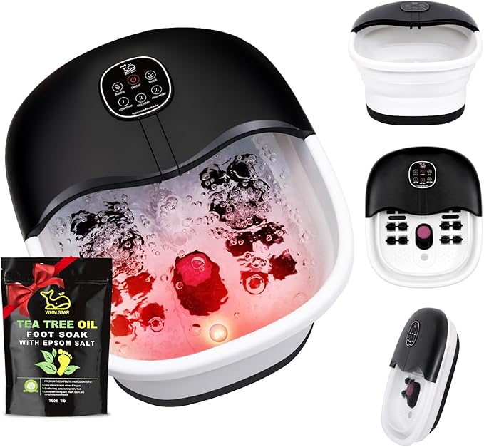 Collapsible Foot Spa Bath Massager with Heat Bubbles and Vibration Massage and Jets, 16oz Tea Tree Oil Foot Soak Epsom Salt, WHALSTAR Foot Bath Bucket With Red Light & Remote