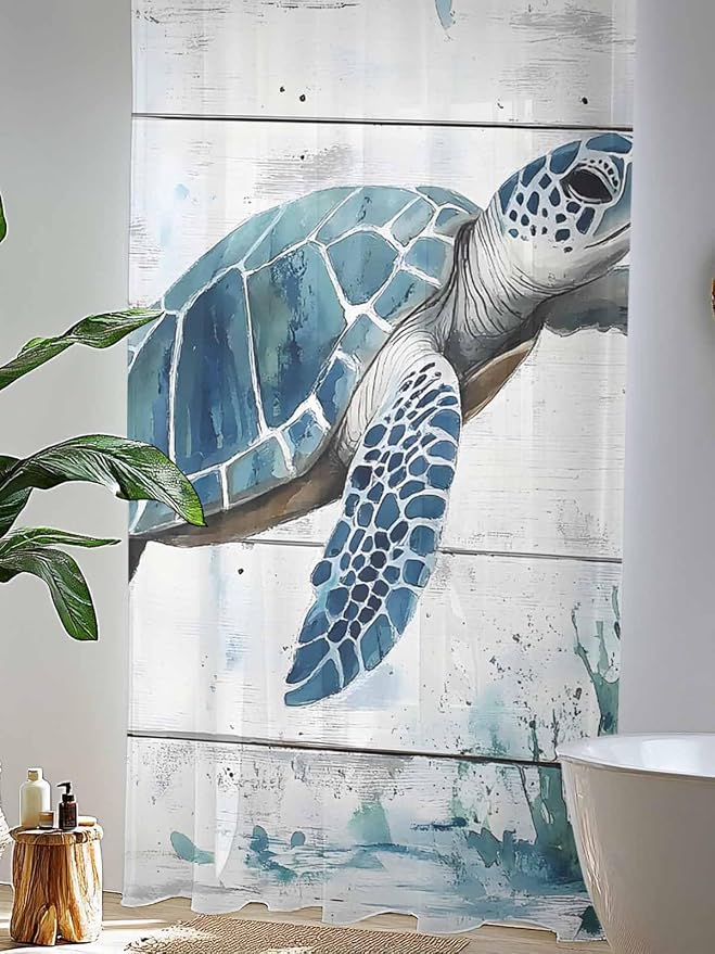 Sheer Curtains 84 Inches Long, Teal Green Sea Turtle Semi Sheer Curtains Light - Image 4