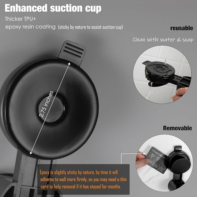 Suction Cup Hand held Shower Head Holder- Reusable - 5 Angles Adjustable - Bathroom Wall Mount Shower Wand Holder - Matte Black