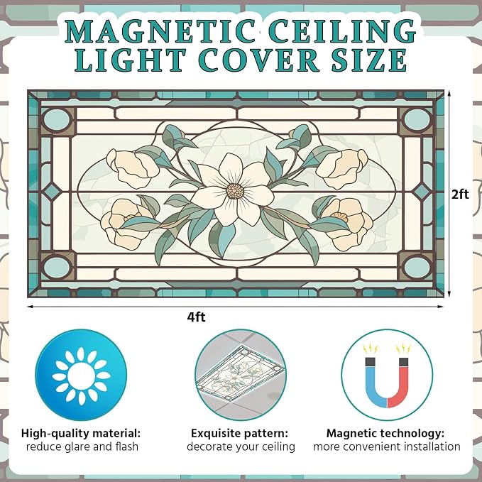 Glooglitter 4 Pcs Retro Floral Fluorescent Light Covers 4 x 2 ft Stained Glass - Image 9