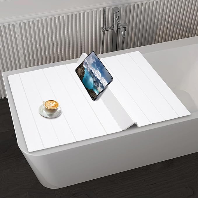 Bathtub Tray 59" x 27.5" Foldable Bathtub Cover Adjustable PVC Shutter Bath Lid Anti-dust Bathtubs Cover for Tub Can Store Wine Glass, Books, Tablets, Cellphones, White