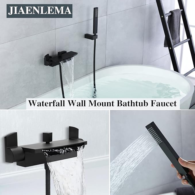 Wall Mount Tub Filler Matte Black Waterfall Tub Faucet with Sprayer, Brass Bathtub Wall Faucets with Hand Shower, High Flow Tub Spout, Bath Tub Faucet Set 2 Handles - JIAENLEMA
