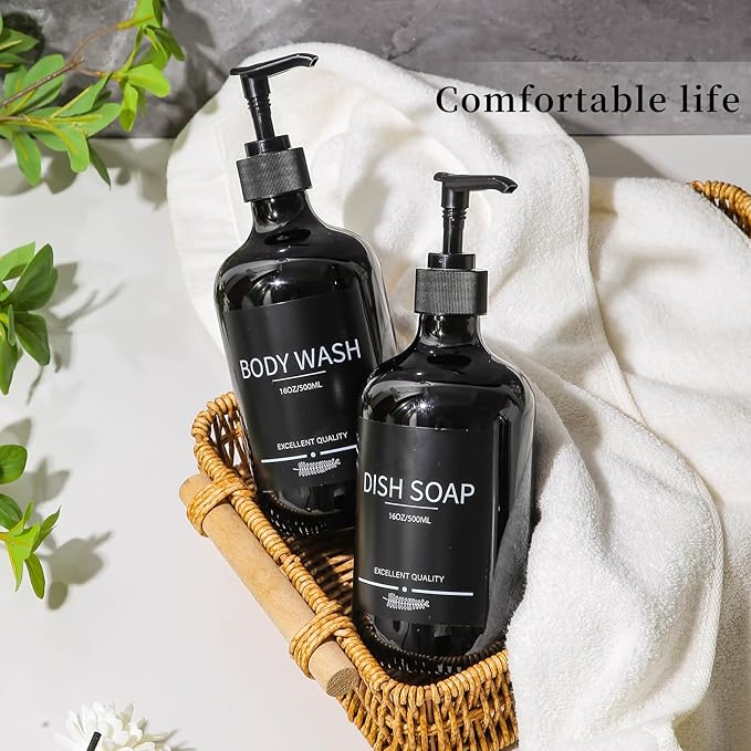 (5Pack) Black Shower Bottles Refillable with Labels, 16.9oz Reusable Shampoo and Conditioner Bottles,Shampoo Dispenser Bottles