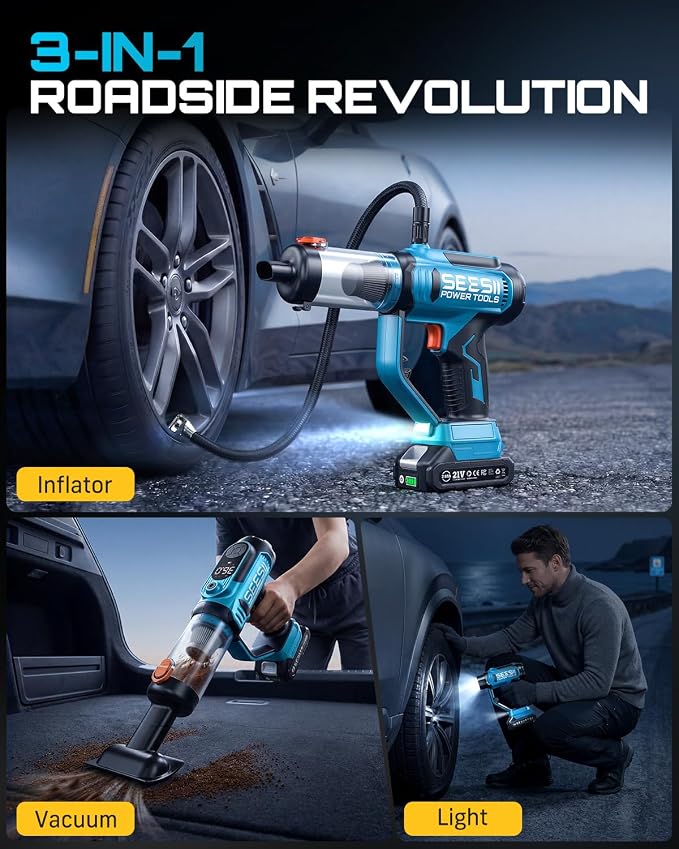 SEESII 3-in-1 Tire Inflator: Portable Air Compressor & Car Vacuum Cleaner & Led - Image 2