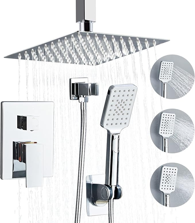 8 Inch Ceiling Mount Shower Faucet Set, Polish Chrome Rainfall Shower System, Square Rain Shower Head with Handheld Spray Combo Ceiling, Silver Rainfall Shower Faucet Fixtures (3-Setting)