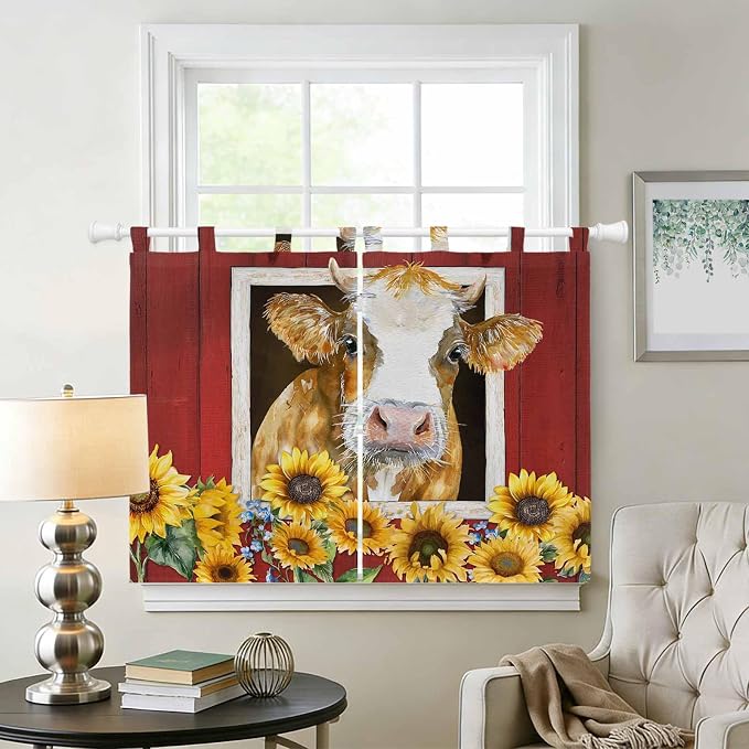 Cows Sunflowers Bedroom Curtains 63 Inch Length, Window Curtains Tab Top - Image 2
