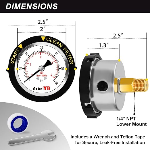 60PSI Pool Filter Pressure Gauge, 2 inches Dial, 1/4" NPT Back Mount, - Image 5