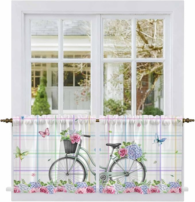 Spring Tier Curtains, Bicycles Botanical Leaves Rose Colorful Stripes Light by Unknown