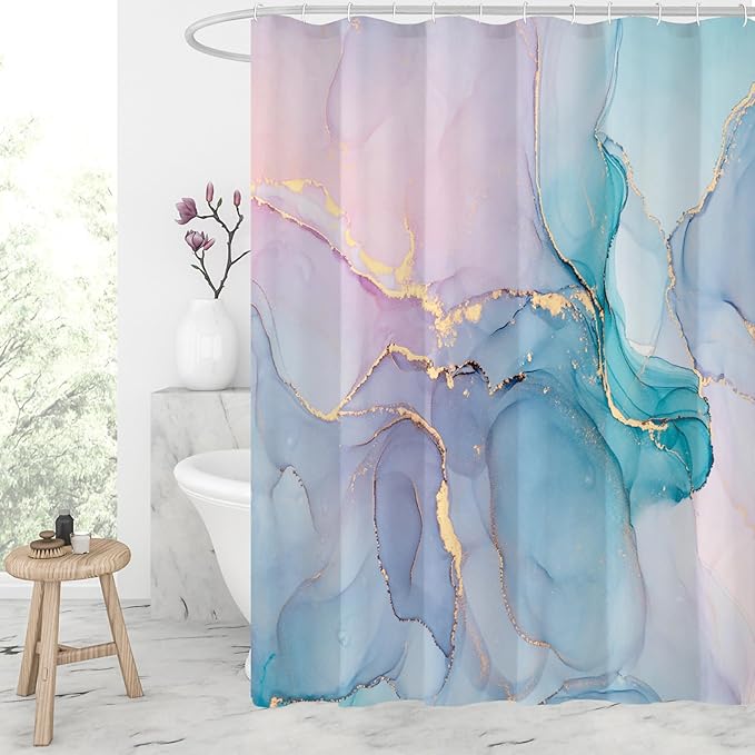 Gibelle Extra Long Shower Curtain 72 x 84, Tall Abstract Marble Shower Curtain, Pink Turquoise Modern Ink Art Waterproof Fabric Shower Curtain Set with Hooks