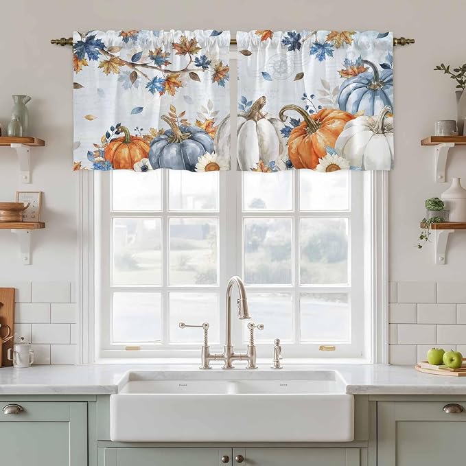 Fall Blue Maple Kitchen Tier Curtains 24 Inch Long 2 Panel Set, Rod Pocket Cafe - Image 3