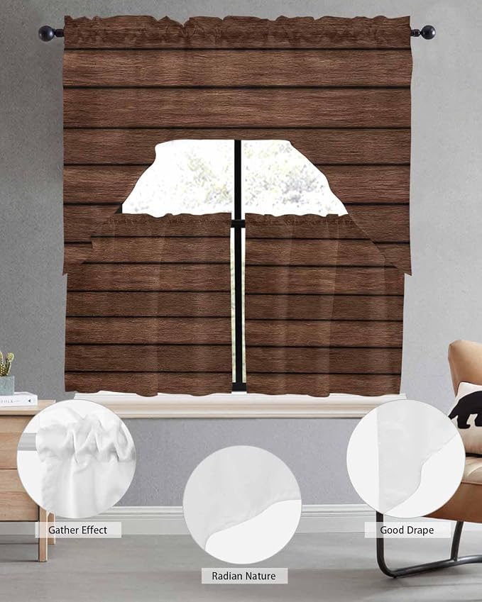 Brown Wooden Board Swag Kitchen Curtains Valance and Tier Set, Vintage Wood - Image 5