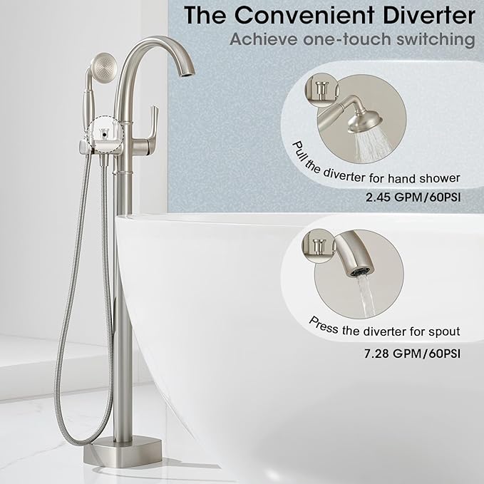 Free Standing Tub Faucet, Jabbol Luxury Freestanding Bathtub Faucet with Sprayer, Brass Bathroom Floor Mount Tub Filler, Brushed Nickel (JB-8811BN)