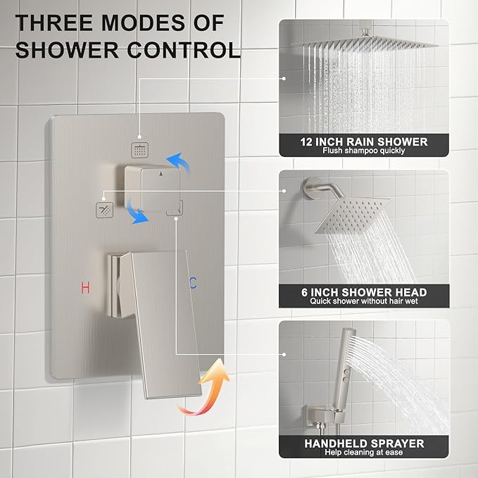 Rain Shower System Brushed Nickel Shower Faucet Set, Dual Rainfall Shower Head Set with 2 in 1 Handheld Spray, Ceiling Mount 12-inch & 6-inch Square Showerheads with Valve, Brushed Nickel