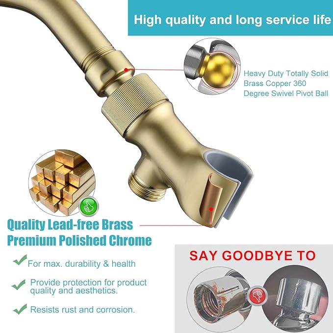 Shower Head Holder All Metal Adjustable Handheld Shower Arm Mount, 1/2" Shower Hose Holder Fits Most Hand Showerheads, Brass Hand Held Shower Head Holder , Easy to Install(Brushed Gold)