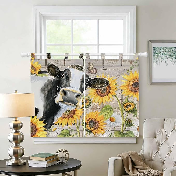 Yellow Sunflowers Kitchen Curtains 45 Inch Length, Short Cafe Window Curtains - Image 2