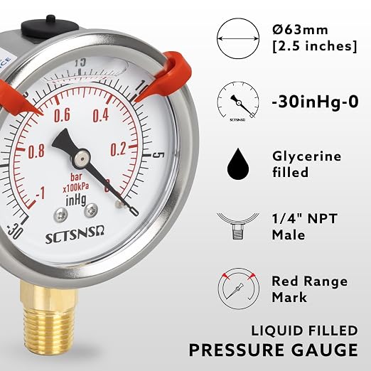 -30 inHg to 0 Vacuum Pressure Gauge, Glycerin Liquid Filled, 2.5 inch Dial - Image 2
