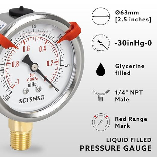 -30 inHg to 0 Vacuum Pressure Gauge, Glycerin Liquid Filled, 2.5 inch Dial - Image 2
