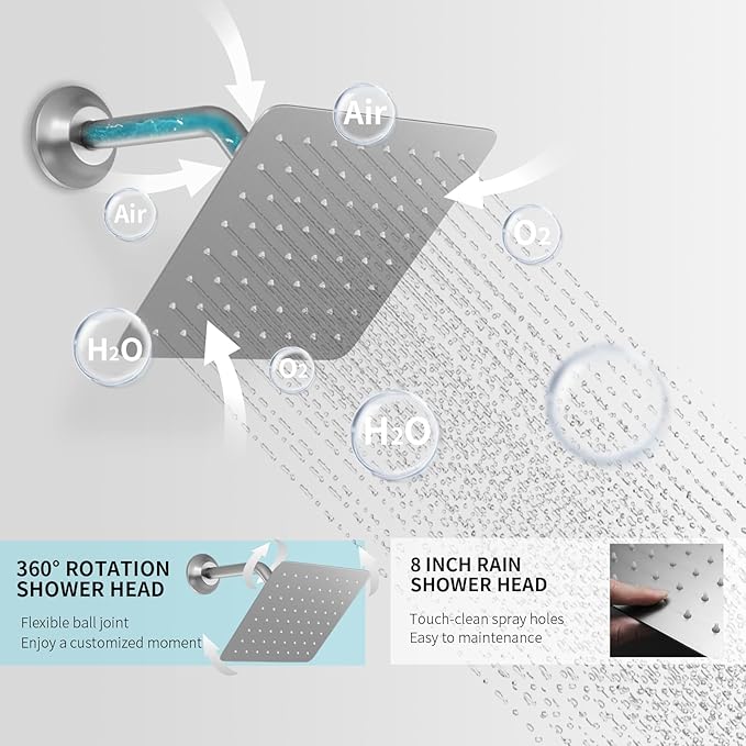 Digital Tempreature Display Full Body Shower System Wall Mounted 8 Inch Rain Shower System with 6 PCS Body Jets, Handheld Spray, Brushed Nickel Shower Fixtures