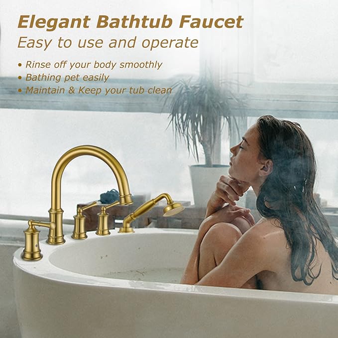 Roman Tub Faucet with Hand Shower, Antique Tub Shower Faucet Set with Valve for 5 Hole, Deck Mount Shower Tub Faucet Set，3 Handle Bath Tub Faucet High Flow, Brushed Gold(B2309-BG)