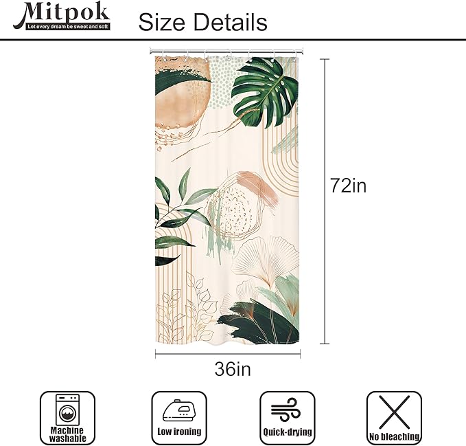 Small Stall Boho Shower Curtain 36Wx72H RV Tropical Green Leaf Modern Bohemian Green Abstract Narrow Half Bathroom Decor Palm Mid Century Minimalist Bath Curtain Fabric Polyester 7 Pack Hooks