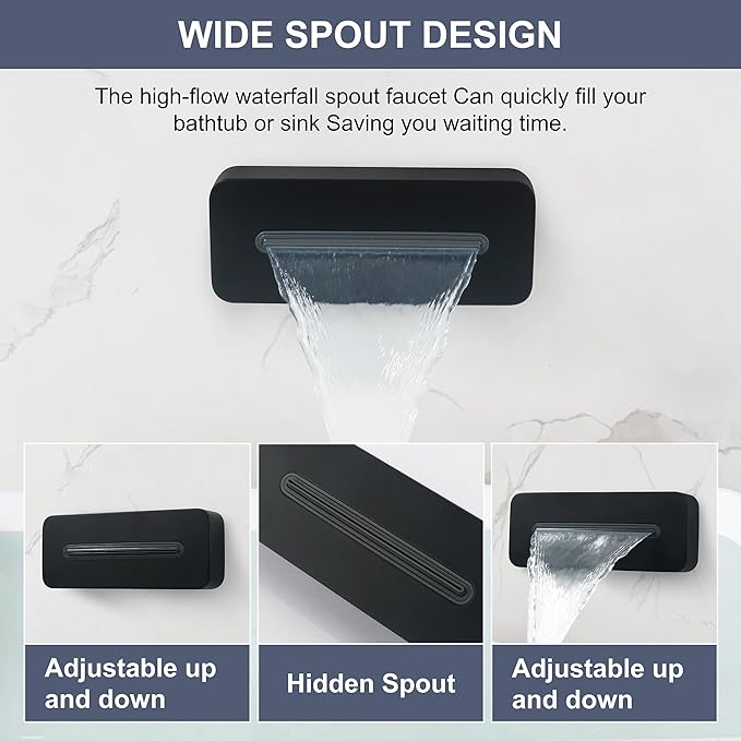 Wall Mounted Tub Spout Adjustable Waterfall Bathtub Sprayer High Flow Bathroom Tub Nozzle for Bathtub and Basin, Matte Black