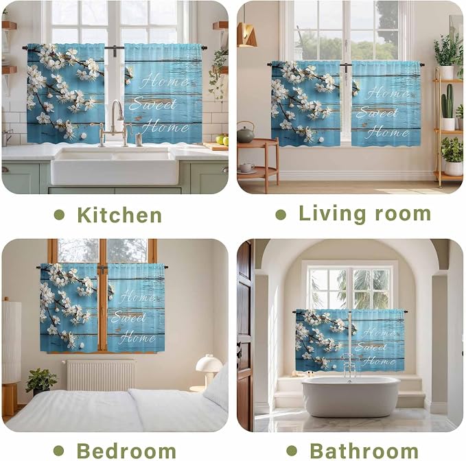 Farmhouse Wooden Grain Tier Curtains, Vintage Shabby Chic Flower Blue Light - Image 8