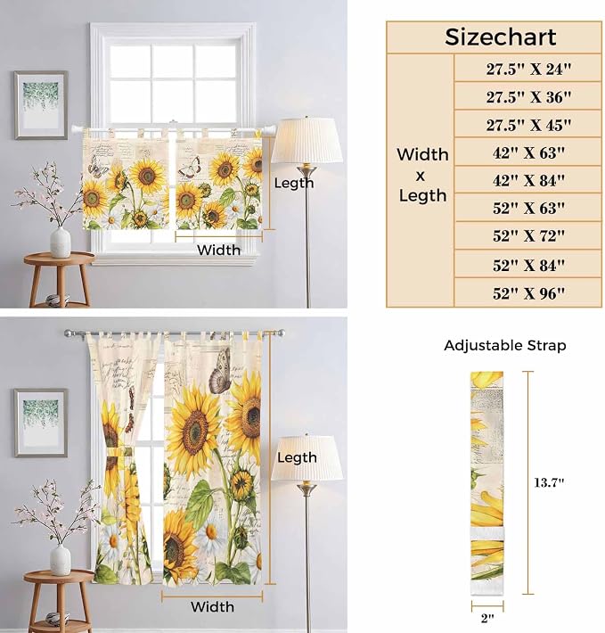 Yellow Sunflowers Bedroom Curtains 63 Inch Length, Window Curtains Tab Top - Image 8