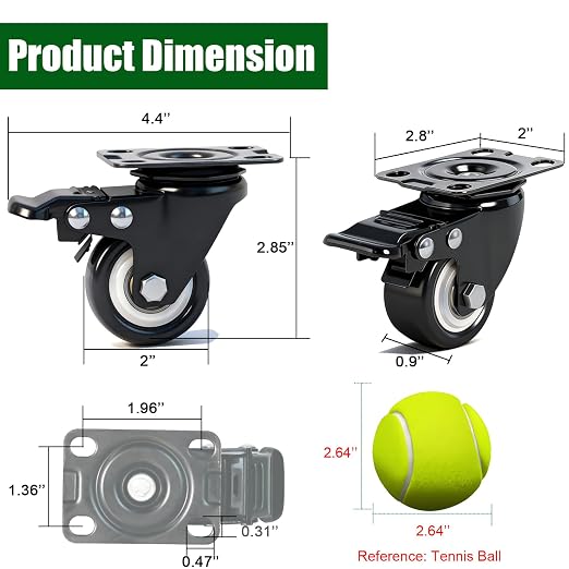 2" Inch Caster Wheels with Brake Heavy Duty Casters Set of 4 Total Capacity - Image 3