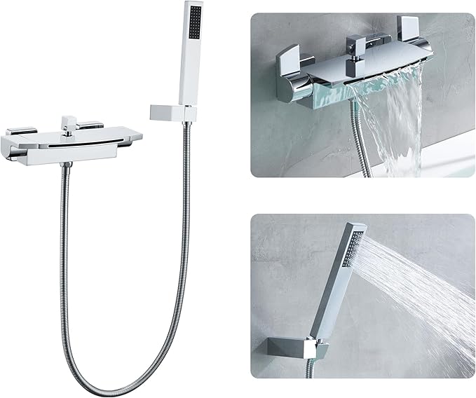 Wall Mount Tub Faucets Chrome Waterfall Tub Faucet with Sprayer, Wall Mount Tub Filler, Brass Bathtub Wall Faucet with Hand Shower, 2 Handles - JIAENLEMA