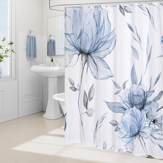 Long Boho Watercolor Floral Shower Curtain 72 x 78, Blue and Grey Ink Painting Style Flower Shower Curtains for Chic Elegant Bathroom, Artistic 78 Inch Long Fabric Shower Curtain