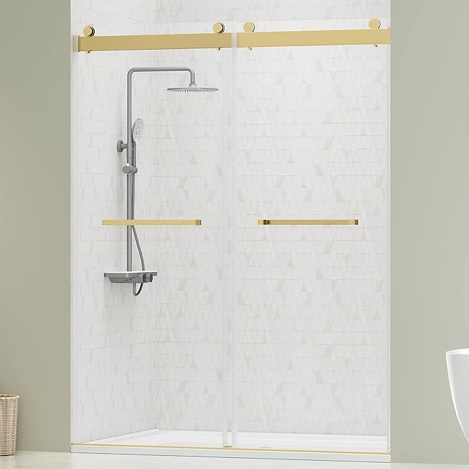 DELAVIN 56"-60" W x 75" H Frameless Shower Door, Double Sliding Shower Door, Glass Shower Door with 5/16" (8mm) Clear SGCC Tempered Glass, Explosion-Proof Film, Stainless Steel Hardware, Gold