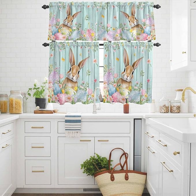 Kitchen Curtains Tiers and Valance Set of 3, Easter Light Filtering Window - Image 3