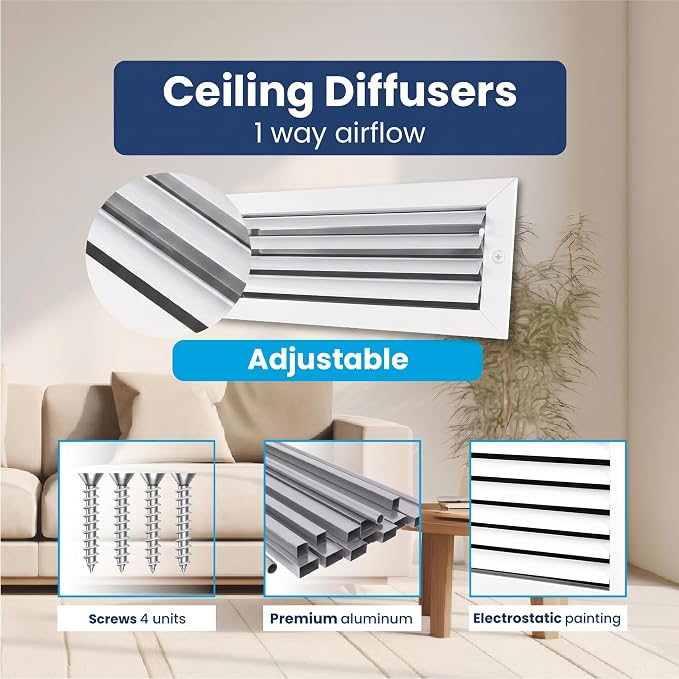 4" x 14" Duct Hole Aluminum 1-Way Vent Cover: Adjustable Curved Blade Air - Image 4