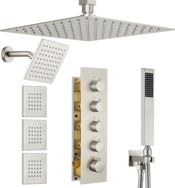 Thermostatic Dual Shower Heads System with 4-Inch Body Jets, Ceiling 16" Rainfall & Wall Mount 6" Shower Head, Luxury Brushed Nickel Shower Faucet Set with Handheld Sprayer for 2-Person/Tandem Shower