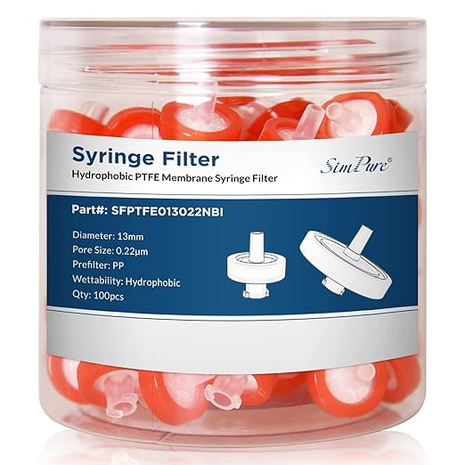 SimPure Syringe Filter PTFE Hydrophobic Membrane 200 PCS, 0.22um Pore Size by SimPure_Water