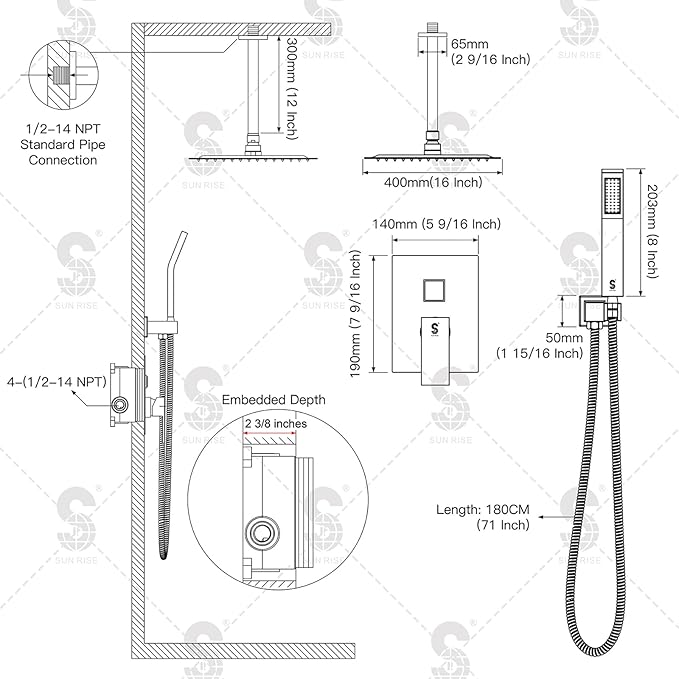 SR SUN RISE 16 Inches Polished Chrome Shower Faucet System Bathroom Luxury Rain Mixer Shower Faucet Set Ceiling Mounted Rainfall Shower Head Set (Contain Shower Faucet Rough-In Valve Body and Trim)
