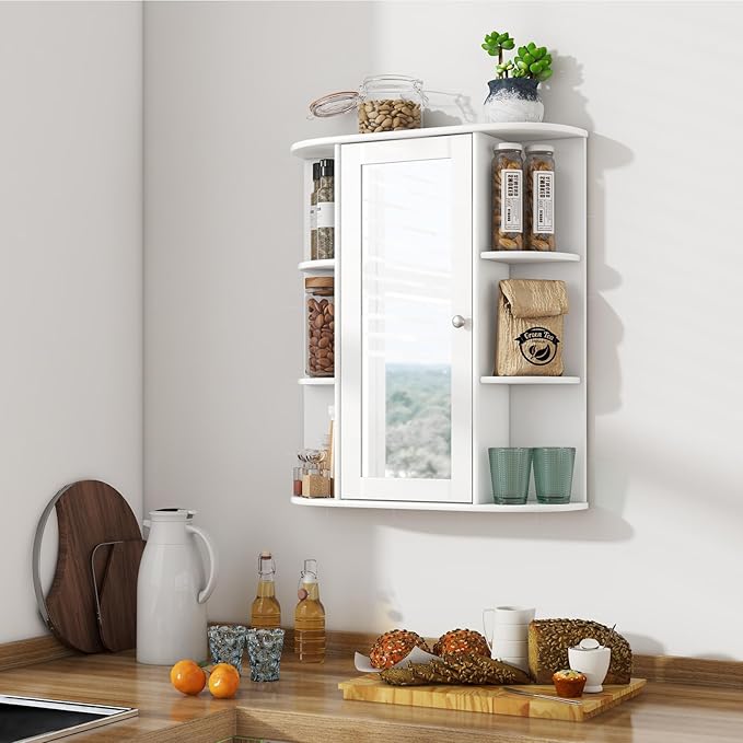 Tangkula Bathroom Medicine Cabinet, Wall Mounted Storage Cabinet with Mirror Door, Removable & 3 Adjustable Shelves, Wooden Hanging Wall Mirror Cabinet for Bathroom Living Room Laundry (White)