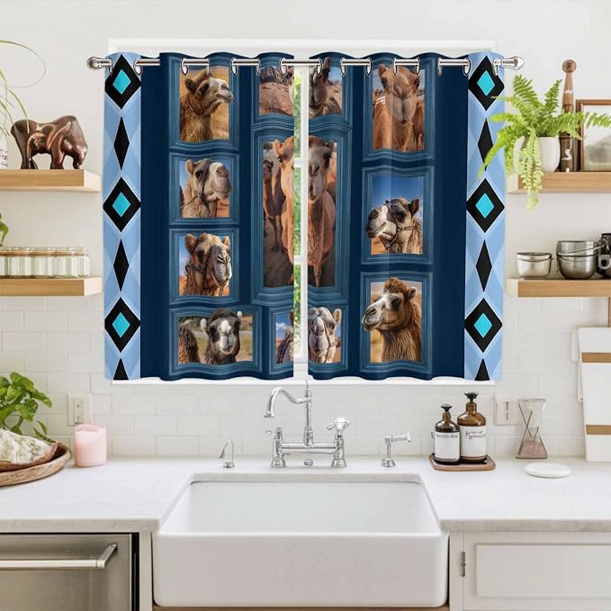 2 Panel Kitchen Cafe Curtains, Desert Camels Sunlight Filtering Nature Air - Image 2