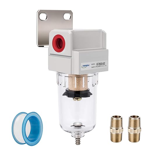 NANPU 1/4" NPT Compressed Air Line Filter, 5 Micron Brass Element, Poly Bowl by NANPU