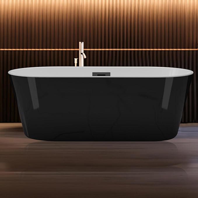 59" Deep Soaking Bathtub, Non-Slip Acrylic Tub with Chrome Drain, CUPC Certified, Ergonomic Modern Bath for Bathrooms, Easy-Install, Black Symmetrical