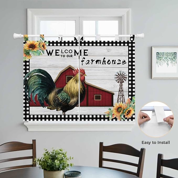 Farmhouse Rooster Kitchen Curtains 45 Inch Length, Short Cafe Window Curtains - Image 4