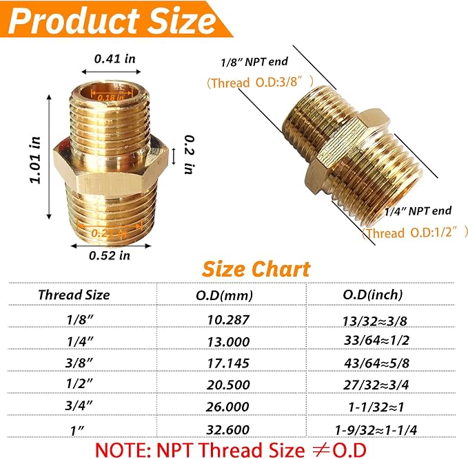 2pcs 1/4" NPT x 1/8" NPT Brass Nipple, 1/4 to 1/8 Adapter Fitting Reducing - Image 2