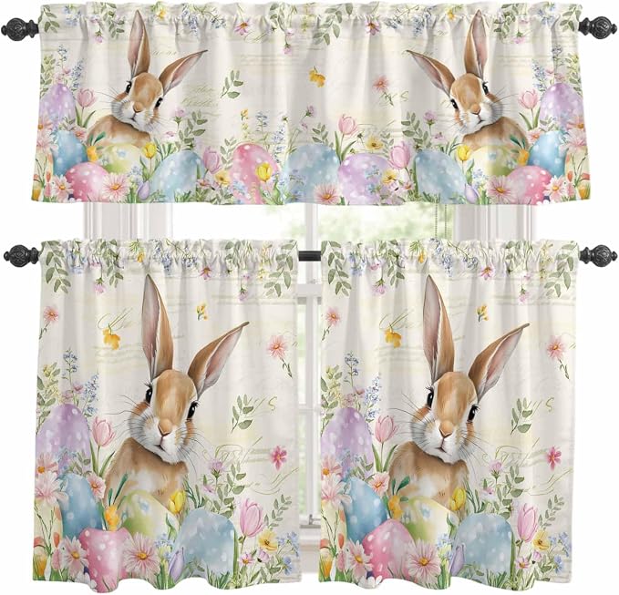 Kitchen Curtains Tiers and Valance Set of 3, Easter Light Filtering Window by Anzona