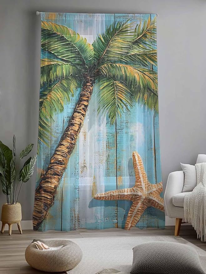 Sheer Curtains 84 Inches Long, Coastal Beach Tree Semi Sheer Curtains Light - Image 2