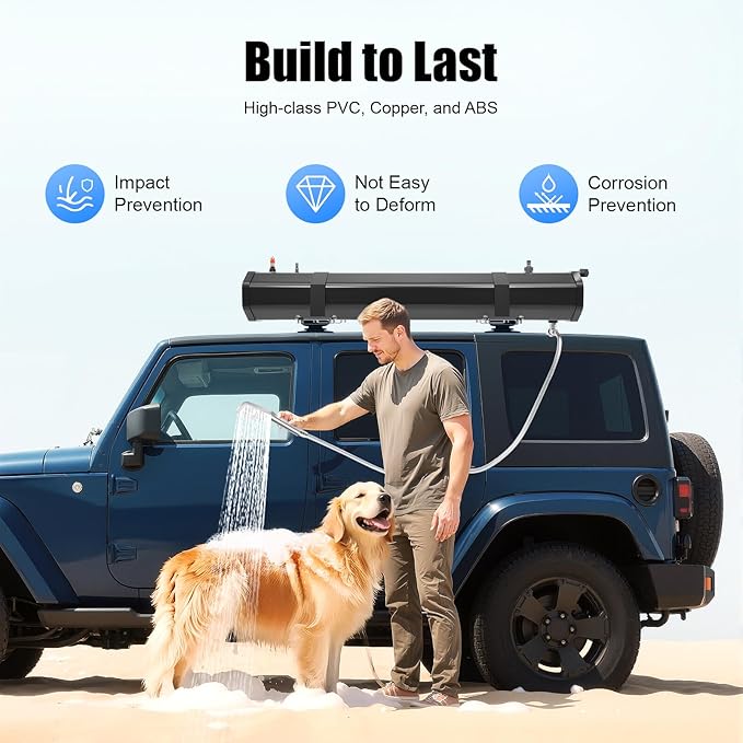 Portable Camping Shower Solar Portable Shower Water Tank for Camping Self-Pressurized Water Tank for SUV Overland Roof Rack 5.58ft Pipe 1.6bar 60℃/140℉ (30L)