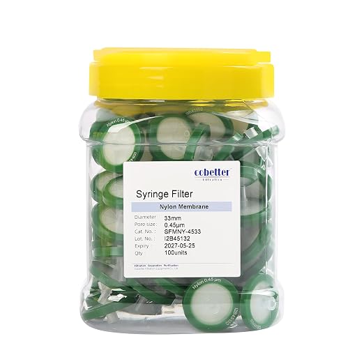 100 Pack Syringe Filter Nylon Lab Filters 0.45μm Pore Size 33mm Diameter by COBETTER