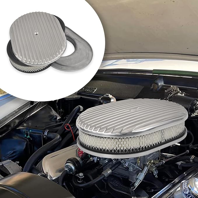 12" Air Cleaner Kit Polished Aluminum Classic Nostalgia Oval Fully Finned - Image 6